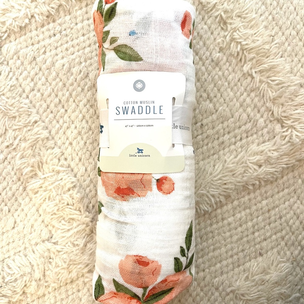 Little Unicorn Muslin Swaddle Watercolor Roses NWT